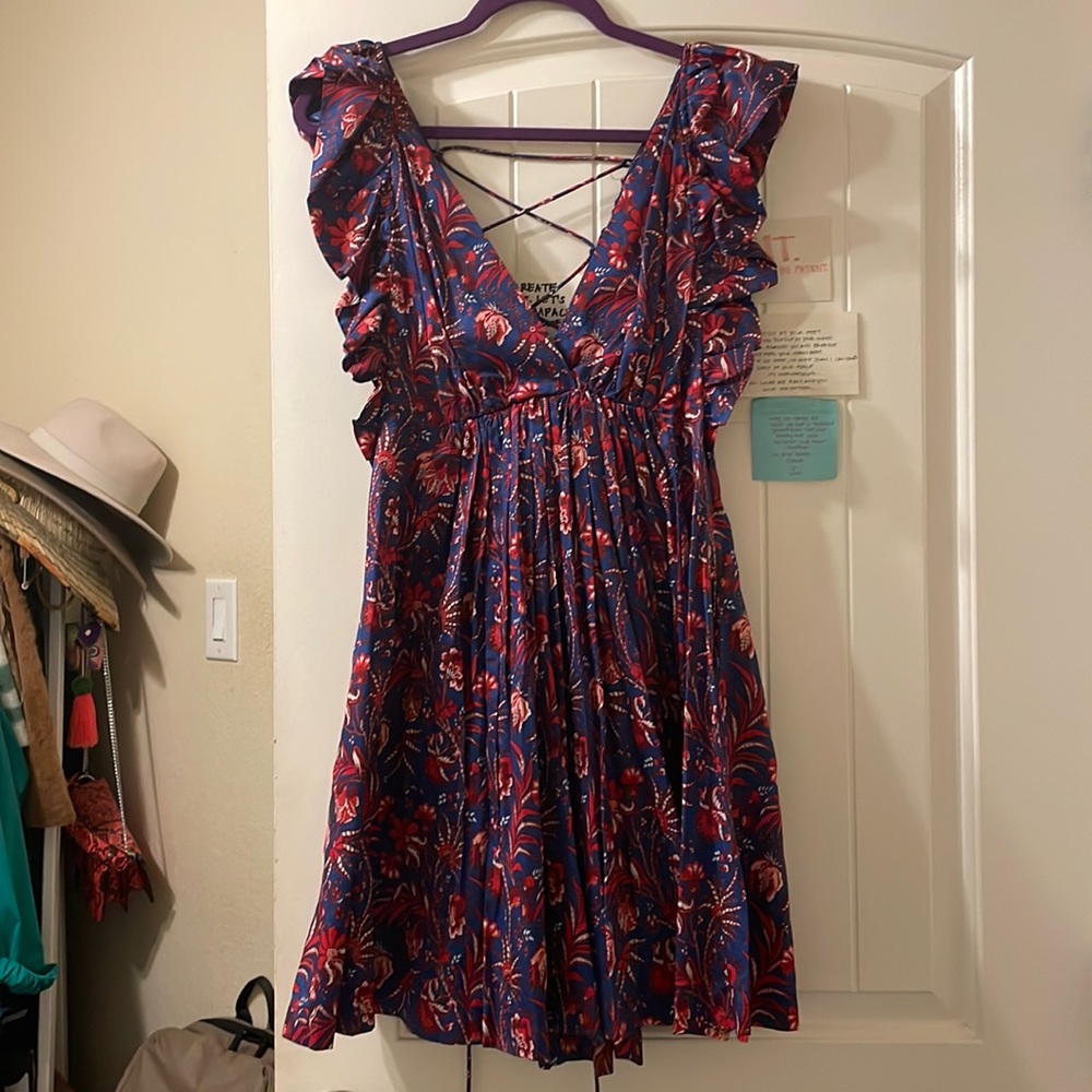 MANGO Lattice Back Flutter Surplice Mini Dress